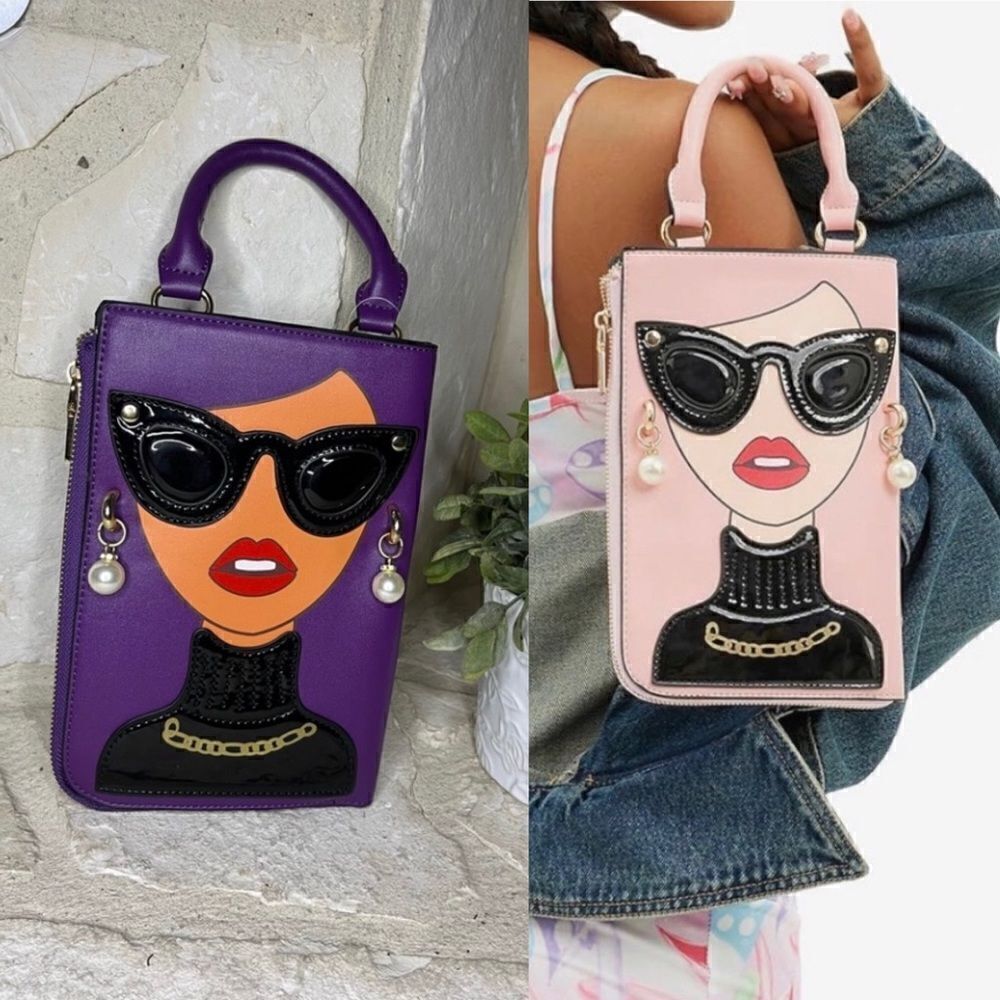 Novelty Lady Face Shoulder Bag faux Leather Messenger Travel Handbag (Purple)